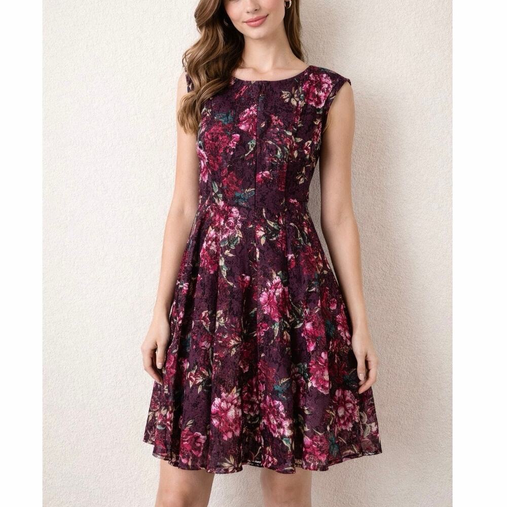 Roz & Ali Burgundy Laced Floral Dress Sleeveless Fit & Flare Lined Women’s Sz 8 - Picture 1 of 9